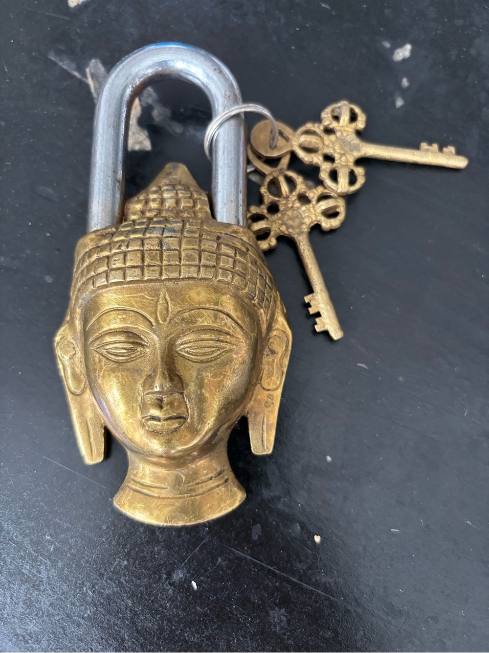 Brass Buddha Head Decorative Padlock - Gold Accent